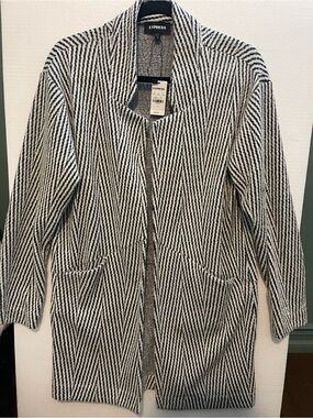 Express Black & White Striped Open Knit Cardigan